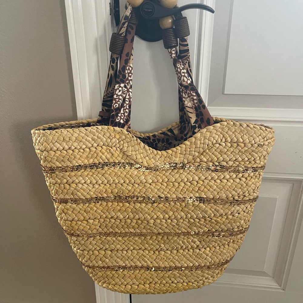 Elegant Yellow Woven Tote with Animal Print Handles